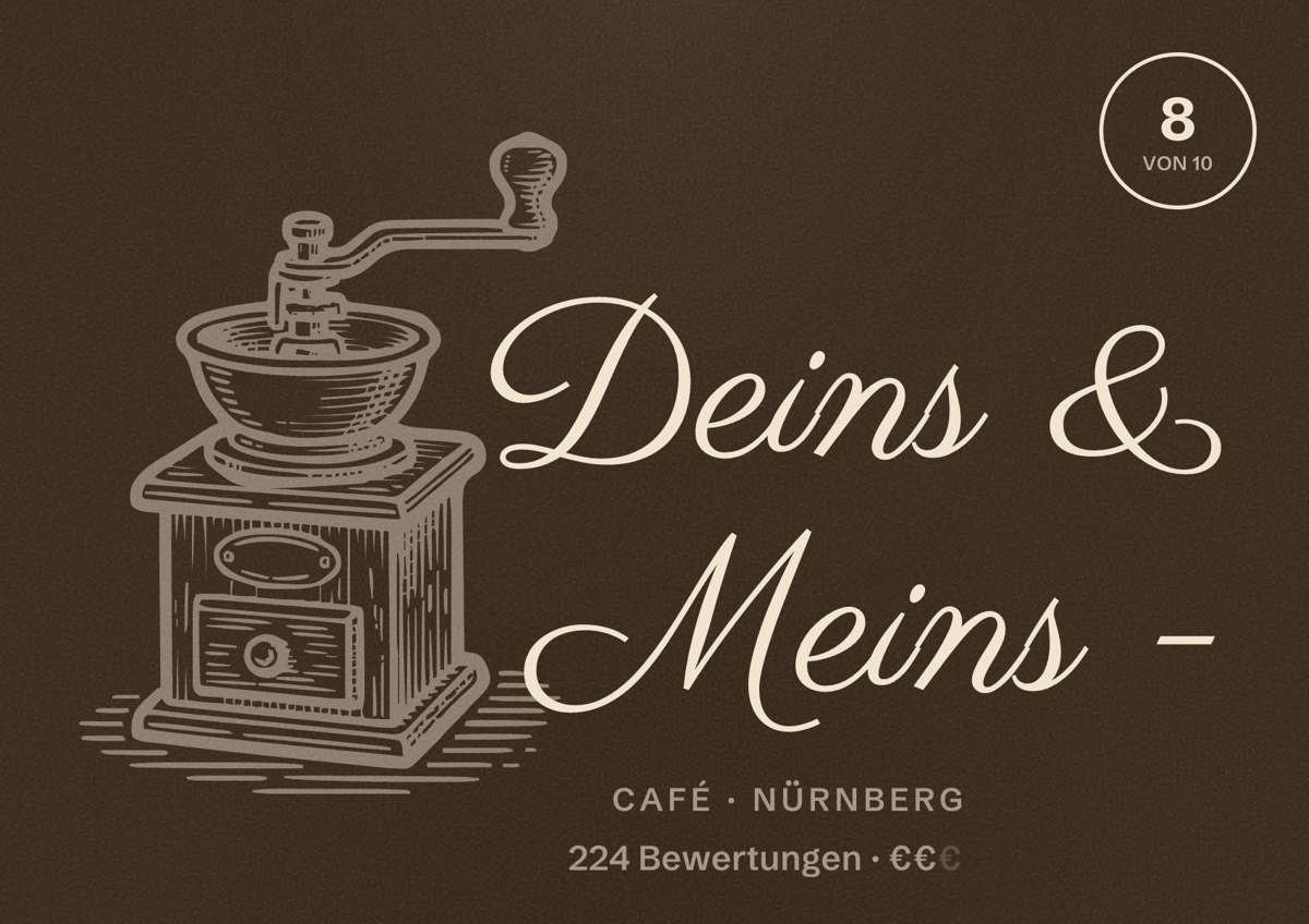 Illustriertes Poster von Deins & Meins -, Café in Nürnberg: Bewertung 8 von 10 aus 224 Bewertungen, Preisniveau €€