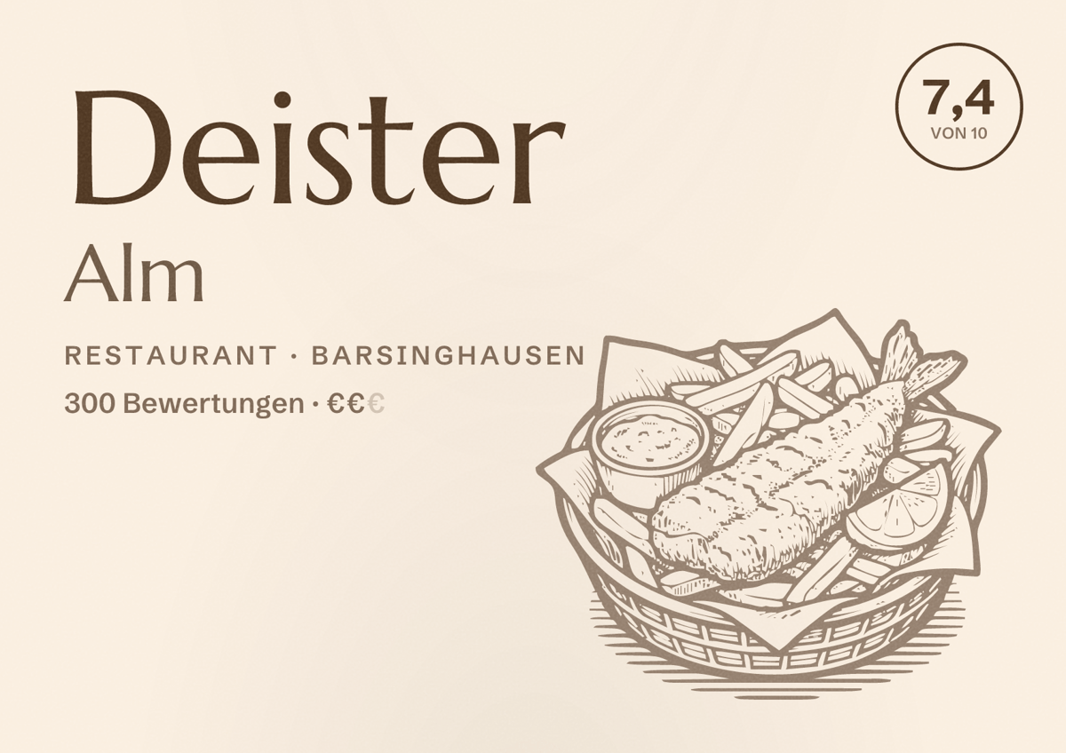Illustriertes Poster von Deister Alm, Restaurant in Barsinghausen: Bewertung 7,4 von 10 aus 300 Bewertungen, Preisniveau €€