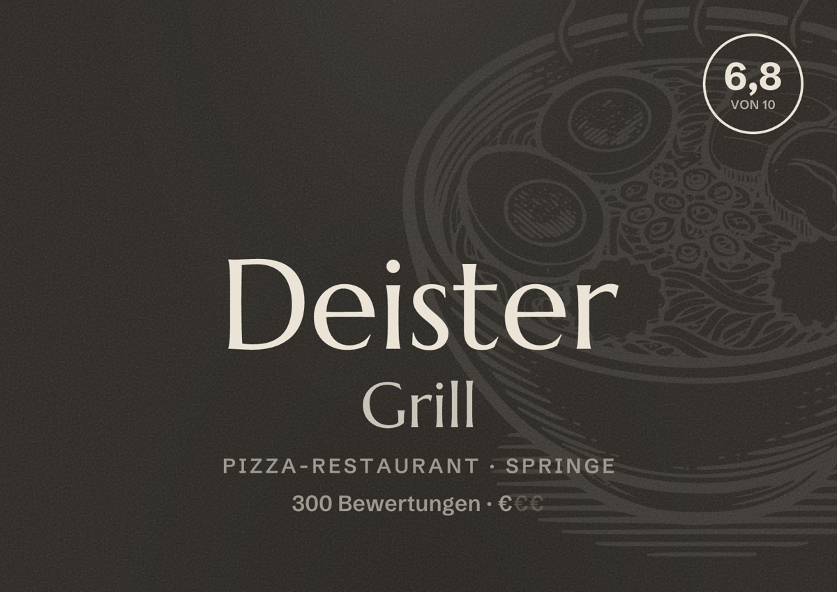 Illustriertes Poster von Deister Grill, Pizza-Restaurant in Springe: Bewertung 6,8 von 10 aus 300 Bewertungen, Preisniveau €