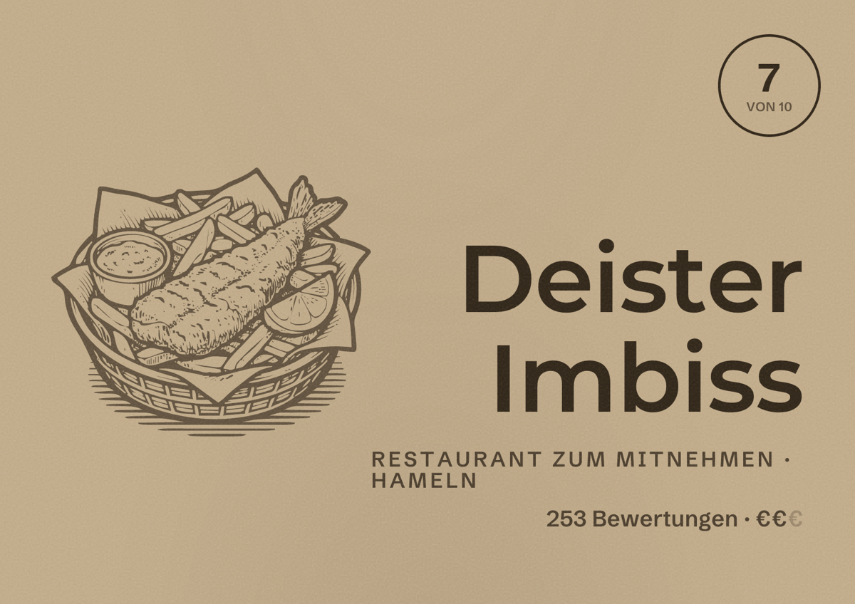 Illustriertes Poster von Deister Imbiss, Restaurant zum Mitnehmen in Hameln: Bewertung 7 von 10 aus 253 Bewertungen, Preisniveau €€