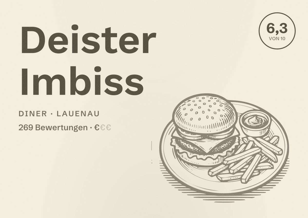 Illustriertes Poster von Deister Imbiss, Diner in Lauenau: Bewertung 6,3 von 10 aus 269 Bewertungen, Preisniveau €