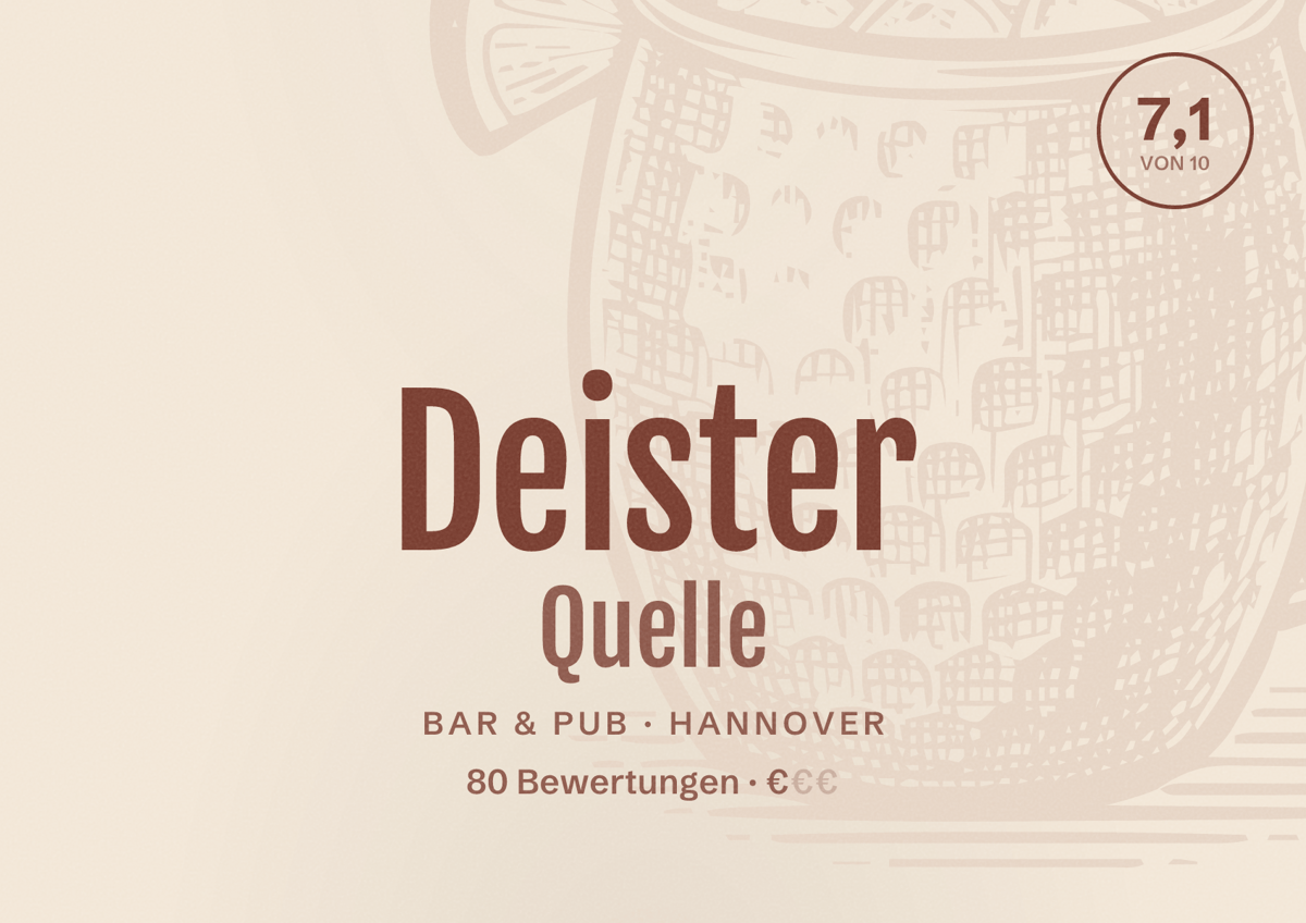 Illustriertes Poster von Deister Quelle, Bar & Pub in Hannover: Bewertung 7,1 von 10 aus 80 Bewertungen, Preisniveau €