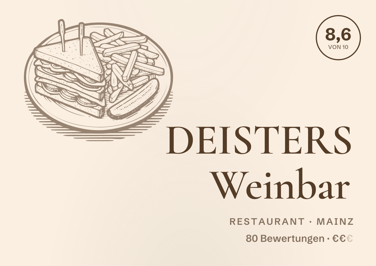 Illustriertes Poster von DEISTERS Weinbar, Restaurant in Mainz: Bewertung 8,6 von 10 aus 80 Bewertungen, Preisniveau €€
