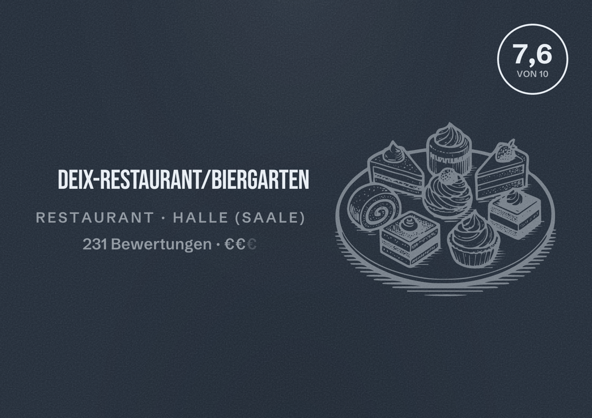 Illustriertes Poster von DEIX-Restaurant/Biergarten, Restaurant in Halle (Saale): Bewertung 7,6 von 10 aus 231 Bewertungen, Preisniveau €€