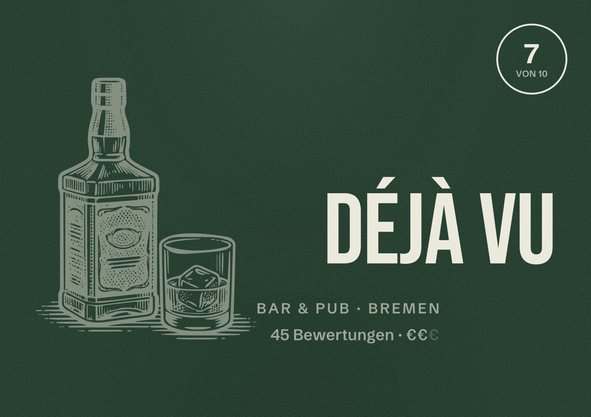 Illustriertes Poster von Déjà Vu, Bar & Pub in Bremen: Bewertung 7 von 10 aus 45 Bewertungen, Preisniveau €€