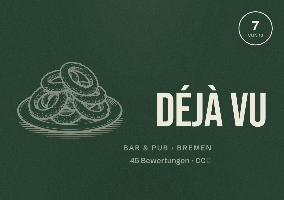 Illustriertes Poster von Déjà Vu, Bar & Pub in Bremen: Bewertung 7 von 10 aus 45 Bewertungen, Preisniveau €€