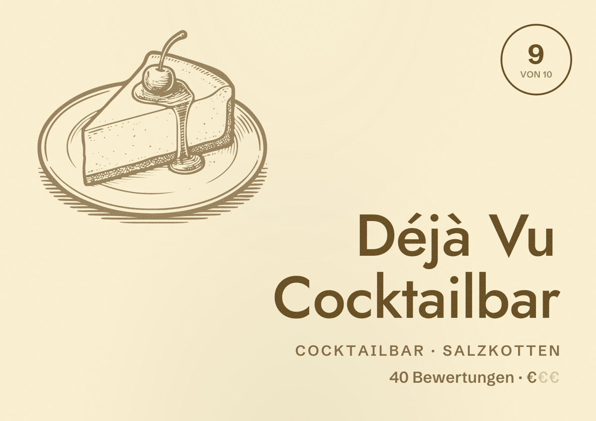 Illustriertes Poster von Déjà Vu Cocktailbar, Cocktailbar in Salzkotten: Bewertung 9 von 10 aus 40 Bewertungen, Preisniveau €