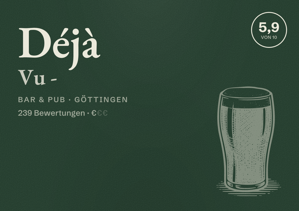 Illustriertes Poster von Déjà Vu -, Bar & Pub in Göttingen: Bewertung 5,9 von 10 aus 239 Bewertungen, Preisniveau €