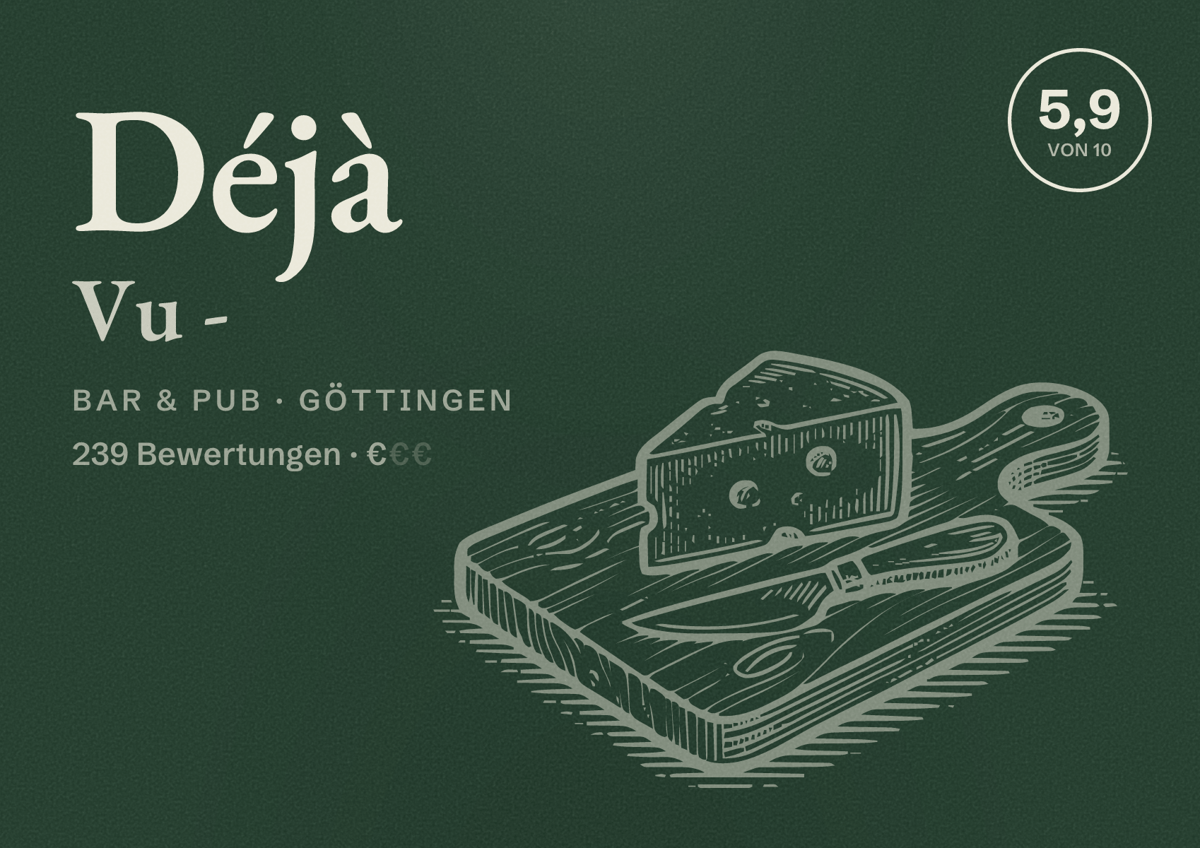 Illustriertes Poster von Déjà Vu -, Bar & Pub in Göttingen: Bewertung 5,9 von 10 aus 239 Bewertungen, Preisniveau €