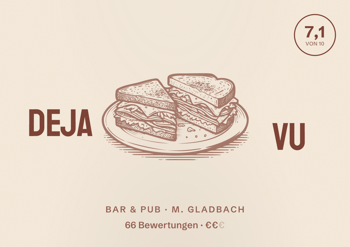 Illustriertes Poster von Deja Vu, Bar & Pub in M. Gladbach: Bewertung 7,1 von 10 aus 66 Bewertungen, Preisniveau €€