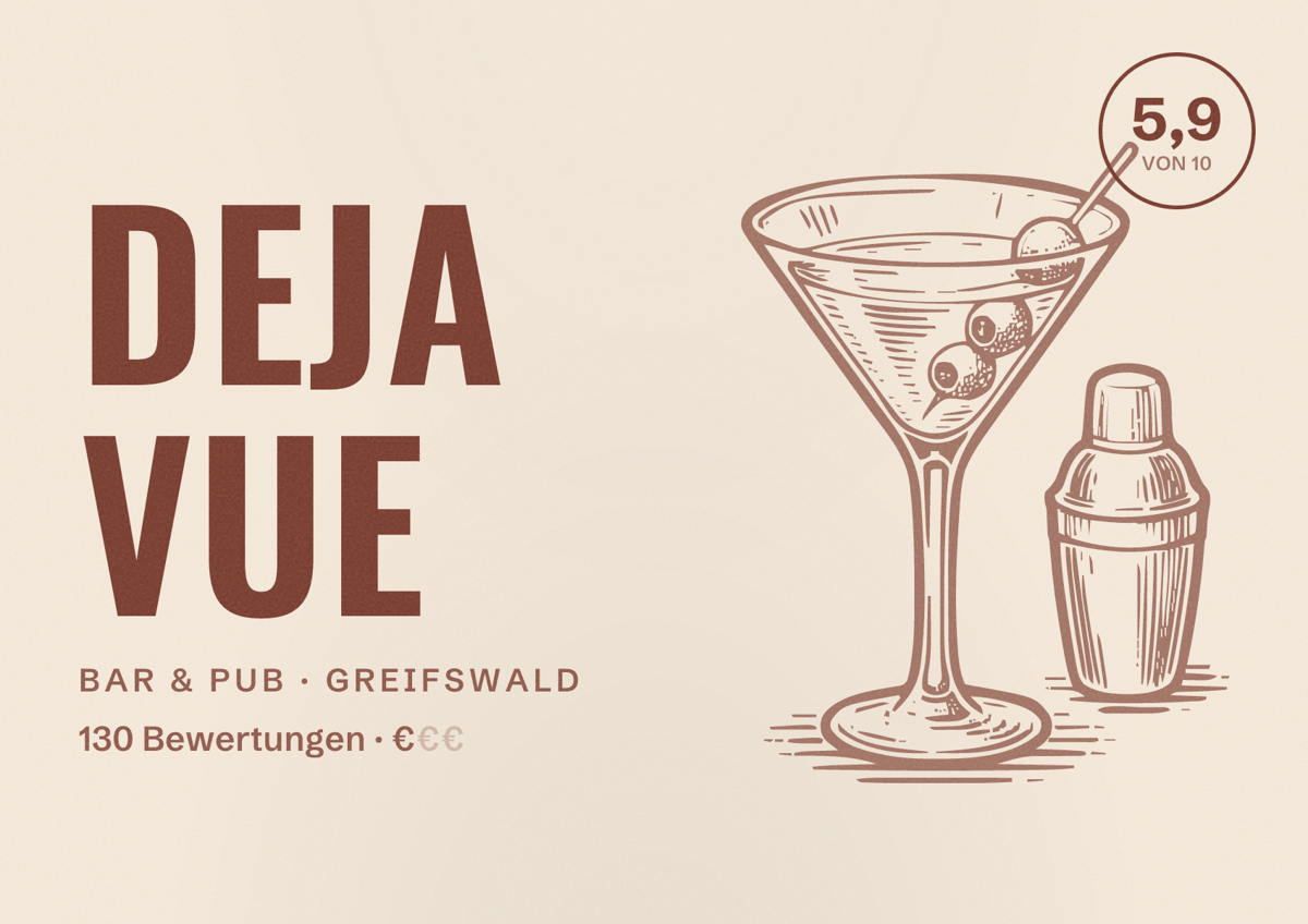 Illustriertes Poster von Deja Vue, Bar & Pub in Greifswald: Bewertung 5,9 von 10 aus 130 Bewertungen, Preisniveau €