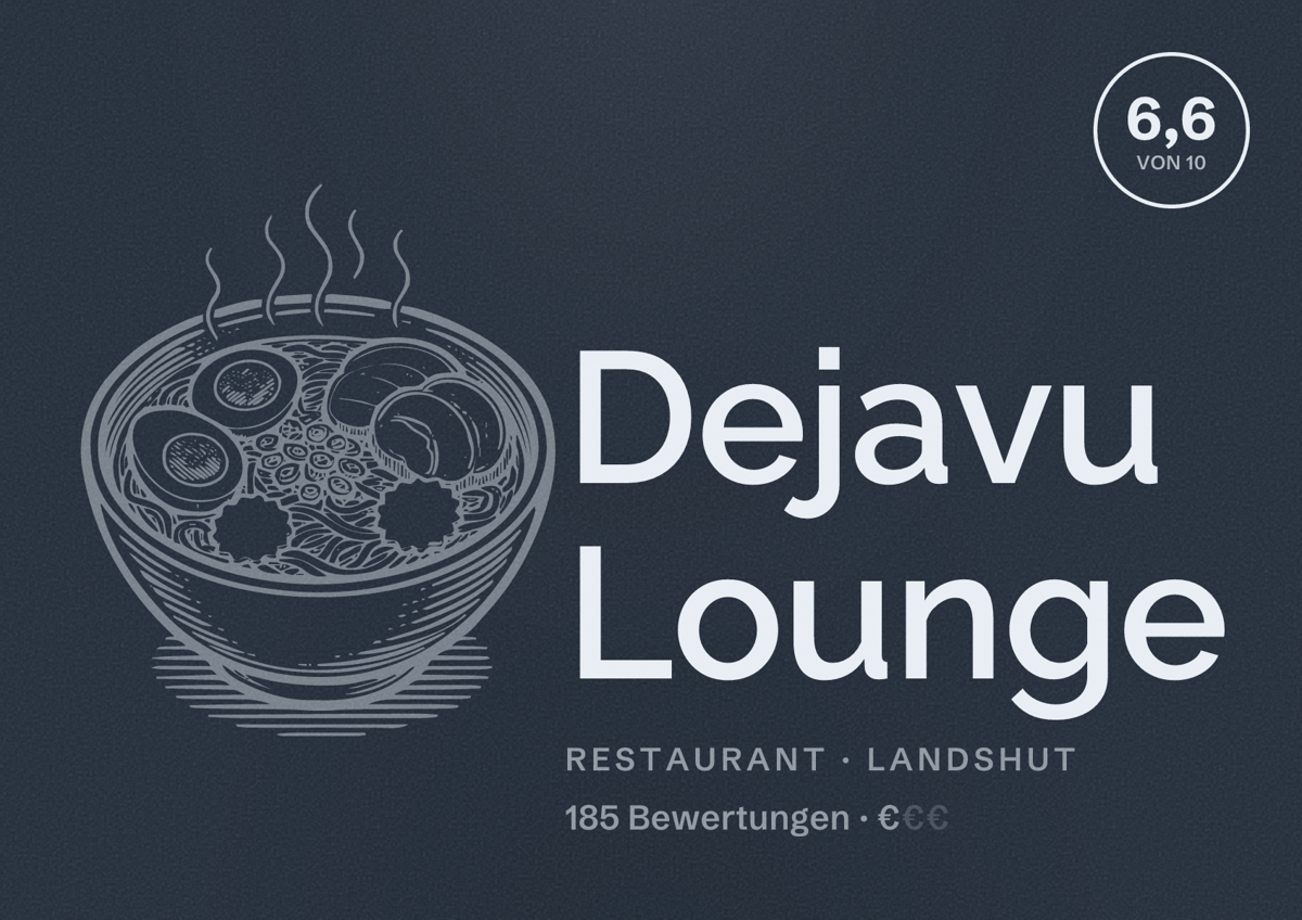 Illustriertes Poster von Dejavu Lounge, Restaurant in Landshut: Bewertung 6,6 von 10 aus 185 Bewertungen, Preisniveau €