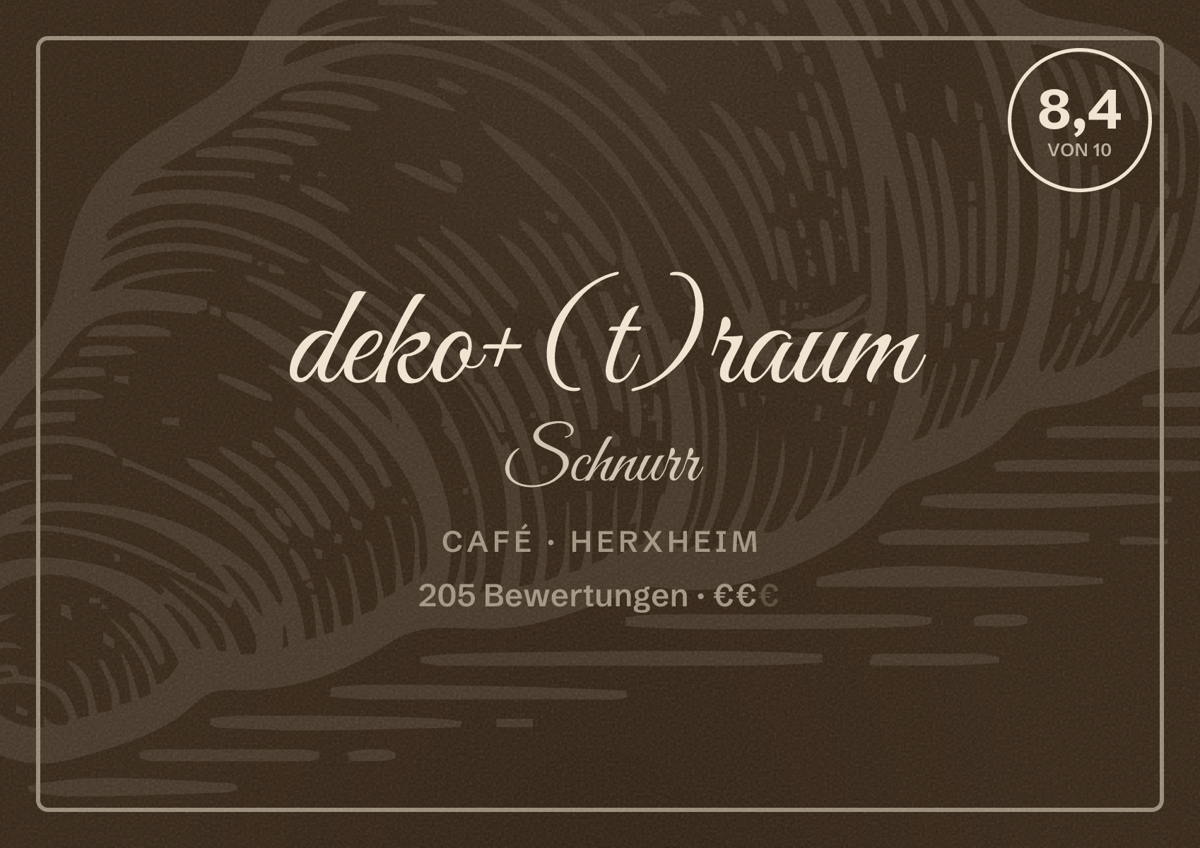 Illustriertes Poster von deko+(t)raum Schnurr, Café in Herxheim: Bewertung 8,4 von 10 aus 205 Bewertungen, Preisniveau €€