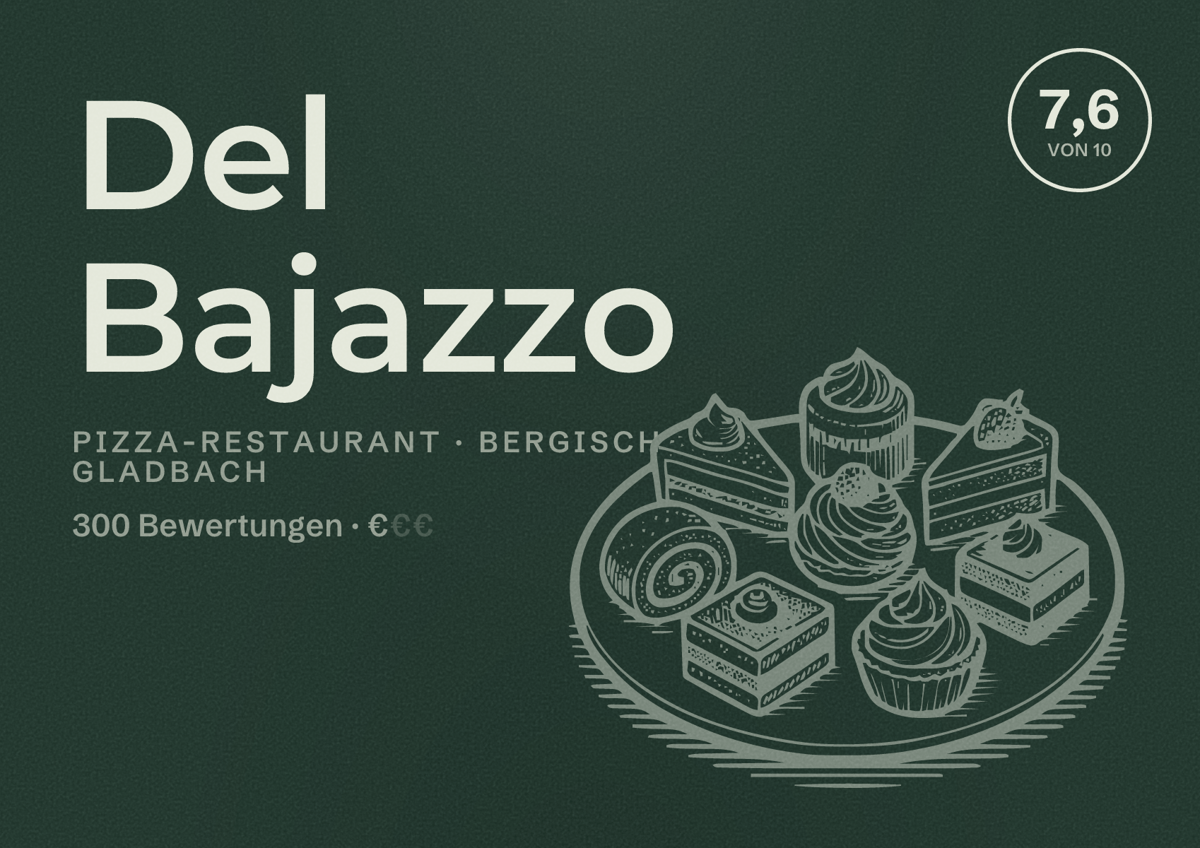 Illustriertes Poster von Del Bajazzo, Pizza-Restaurant in Bergisch Gladbach: Bewertung 7,6 von 10 aus 300 Bewertungen, Preisniveau €