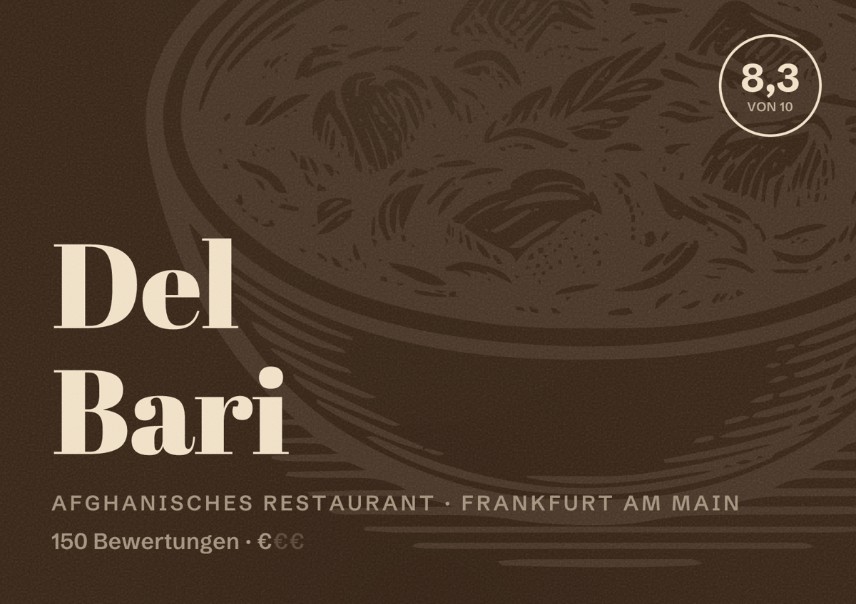 Illustriertes Poster von Del Bari, Afghanisches Restaurant in Frankfurt am Main: Bewertung 8,3 von 10 aus 150 Bewertungen, Preisniveau €