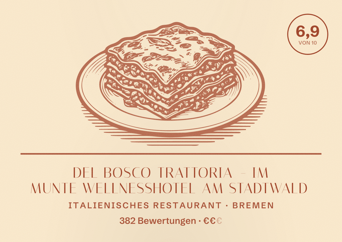 Illustriertes Poster von Del Bosco Trattoria - im MUNTE Wellnesshotel am Stadtwald, Italienisches Restaurant in Bremen: Bewertung 6,9 von 10 aus 382 Bewertungen, Preisniveau €€