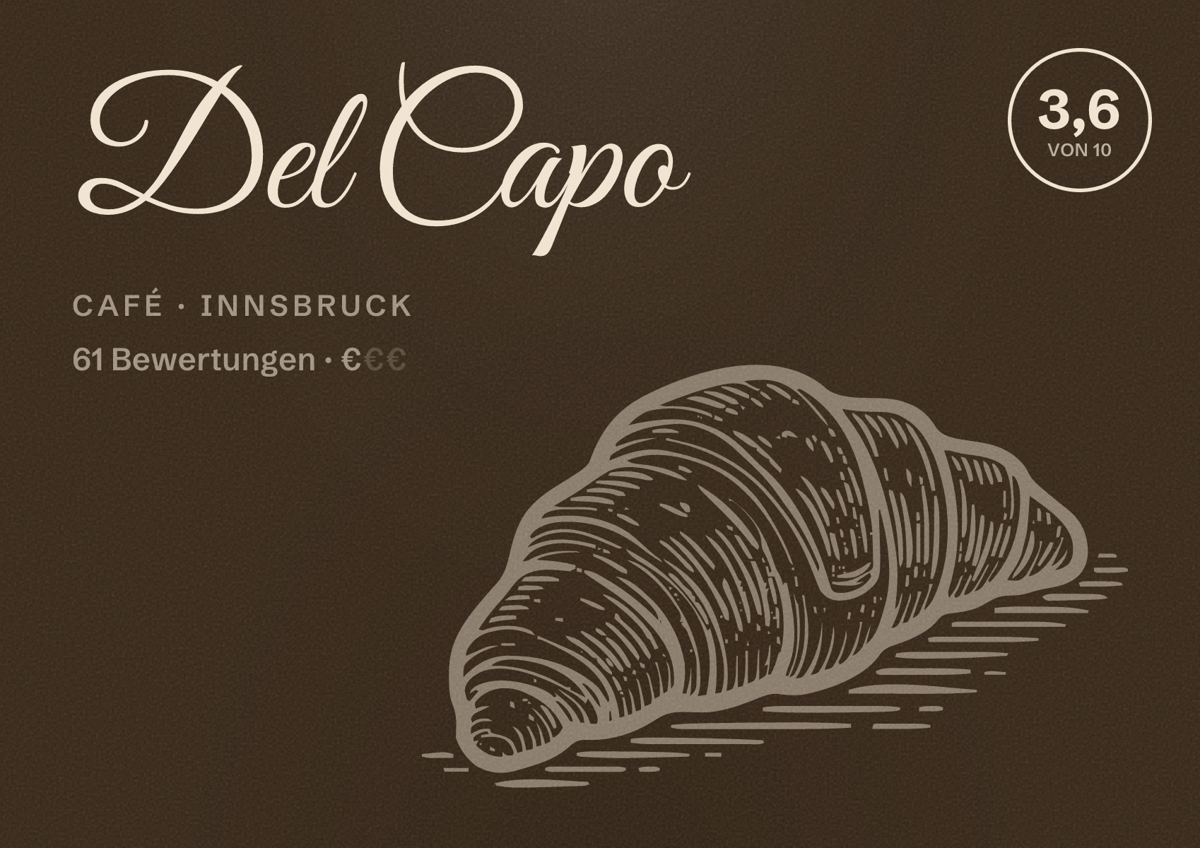 Illustriertes Poster von Del Capo, Café in Innsbruck: Bewertung 3,6 von 10 aus 61 Bewertungen, Preisniveau €