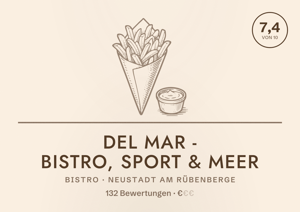 Illustriertes Poster von del Mar - Bistro, Sport & Meer, Bistro in Neustadt am Rübenberge: Bewertung 7,4 von 10 aus 132 Bewertungen, Preisniveau €