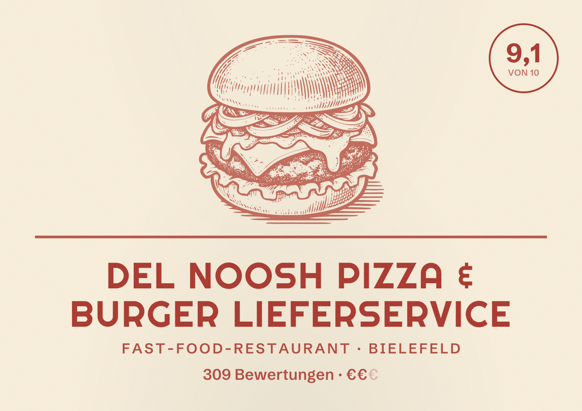 Illustriertes Poster von Del noosh Pizza & Burger Lieferservice, Fast-Food-Restaurant in Bielefeld: Bewertung 9,1 von 10 aus 309 Bewertungen, Preisniveau €€