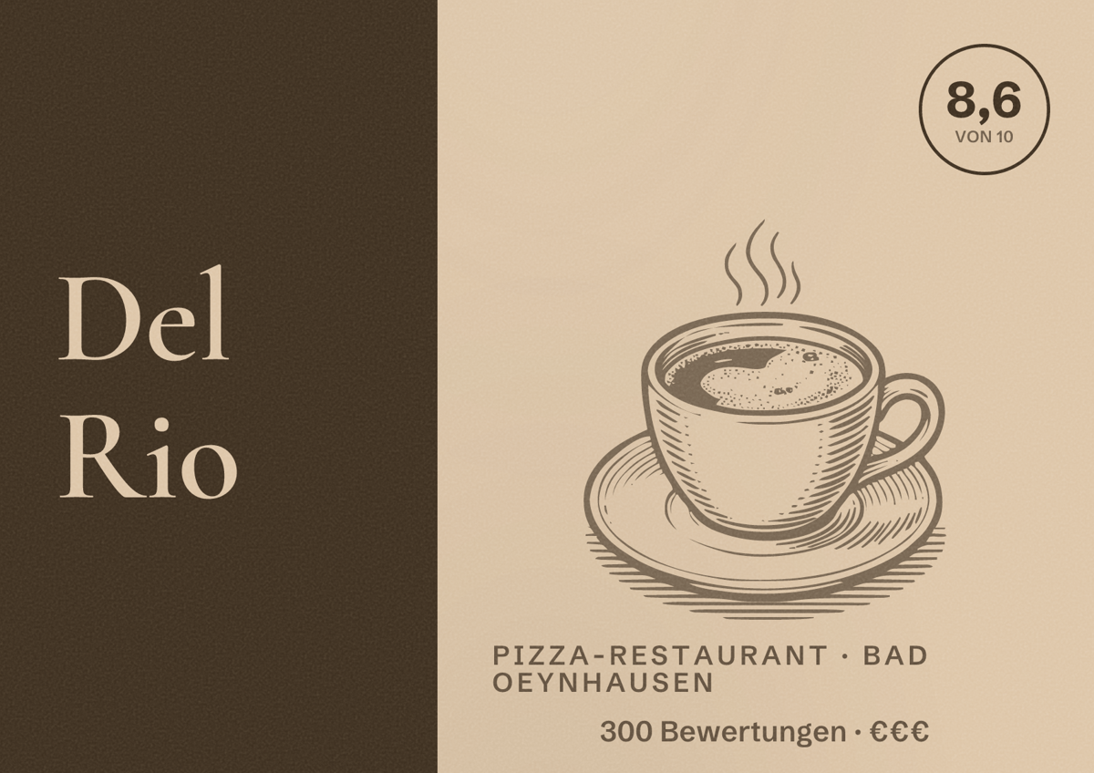 Illustriertes Poster von Del Rio, Pizza-Restaurant in Bad Oeynhausen: Bewertung 8,6 von 10 aus 300 Bewertungen, Preisniveau €€€