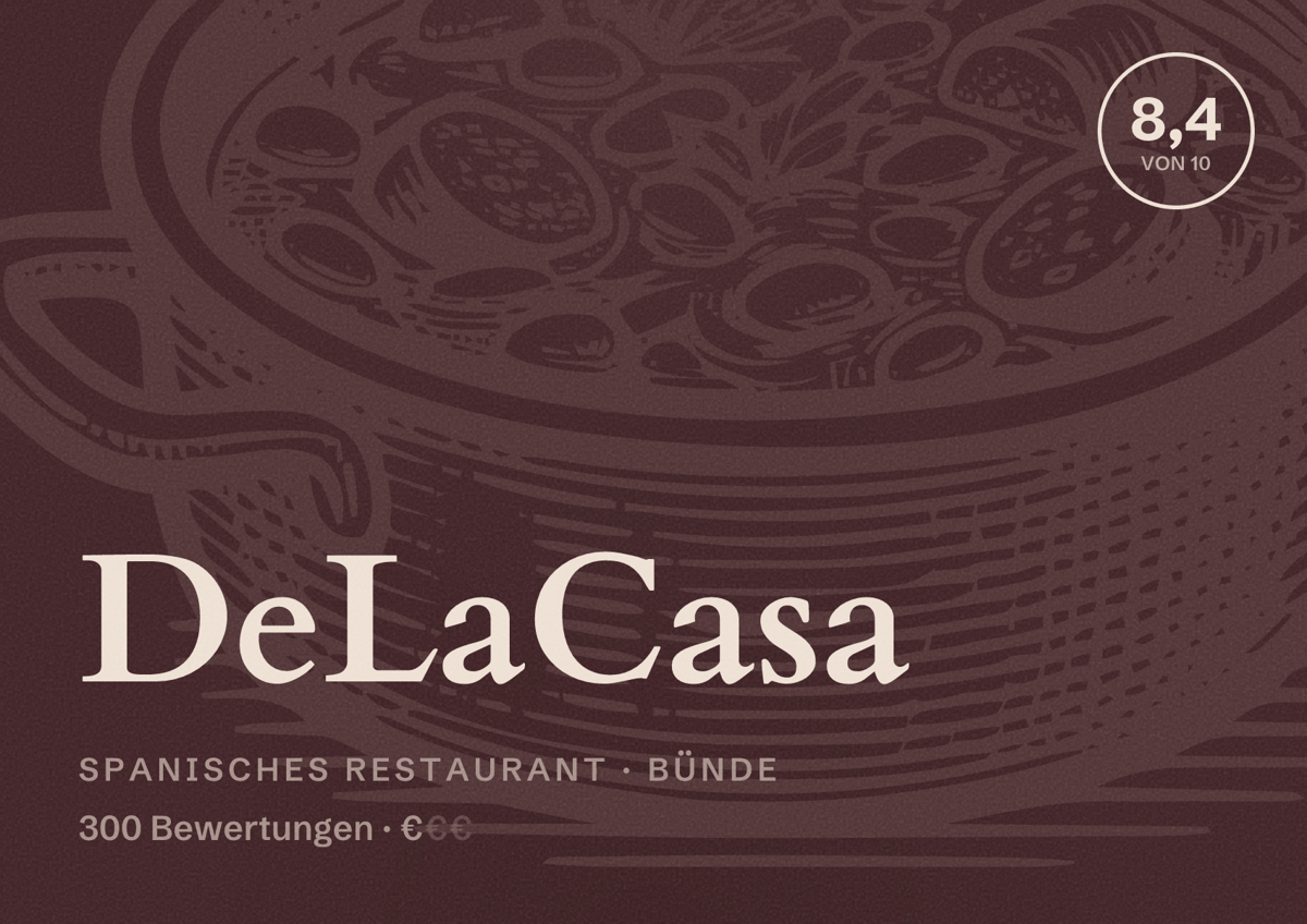 Illustriertes Poster von DeLaCasa, Spanisches Restaurant in Bünde: Bewertung 8,4 von 10 aus 300 Bewertungen, Preisniveau €