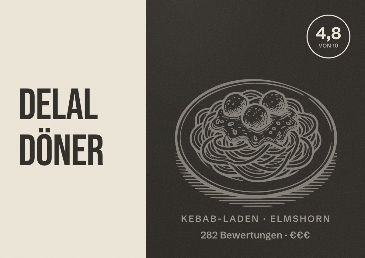Illustriertes Poster von Delal Döner, Kebab-Laden in Elmshorn: Bewertung 4,8 von 10 aus 282 Bewertungen, Preisniveau €€€