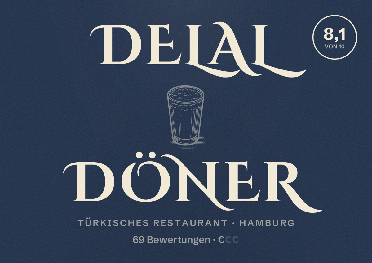 Illustriertes Poster von Delal Döner, Türkisches Restaurant in Hamburg: Bewertung 8,1 von 10 aus 69 Bewertungen, Preisniveau €