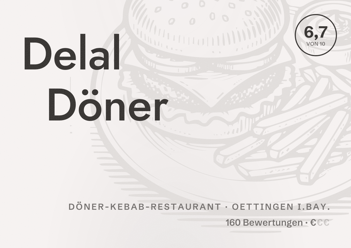 Illustriertes Poster von Delal Döner, Döner-Kebab-Restaurant in Oettingen i.Bay.: Bewertung 6,7 von 10 aus 160 Bewertungen, Preisniveau €