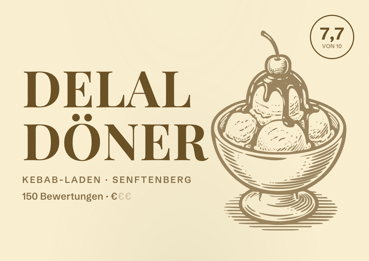 Illustriertes Poster von Delal Döner, Kebab-Laden in Senftenberg: Bewertung 7,7 von 10 aus 150 Bewertungen, Preisniveau €