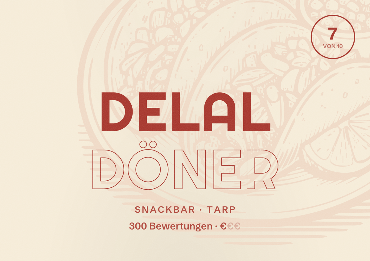 Illustriertes Poster von Delal Döner, Snackbar in Tarp: Bewertung 7 von 10 aus 300 Bewertungen, Preisniveau €