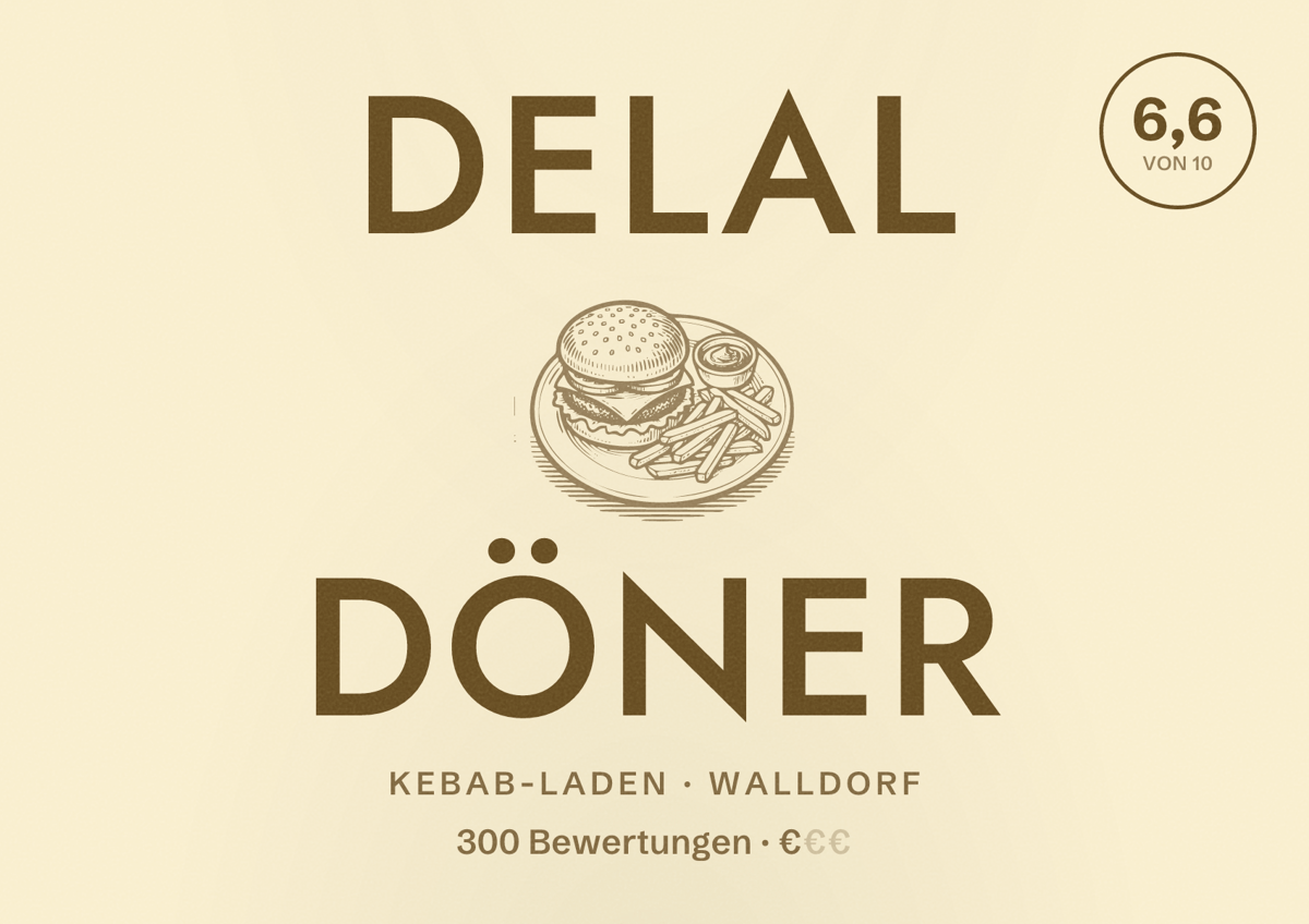 Illustriertes Poster von Delal Döner, Kebab-Laden in Walldorf: Bewertung 6,6 von 10 aus 300 Bewertungen, Preisniveau €