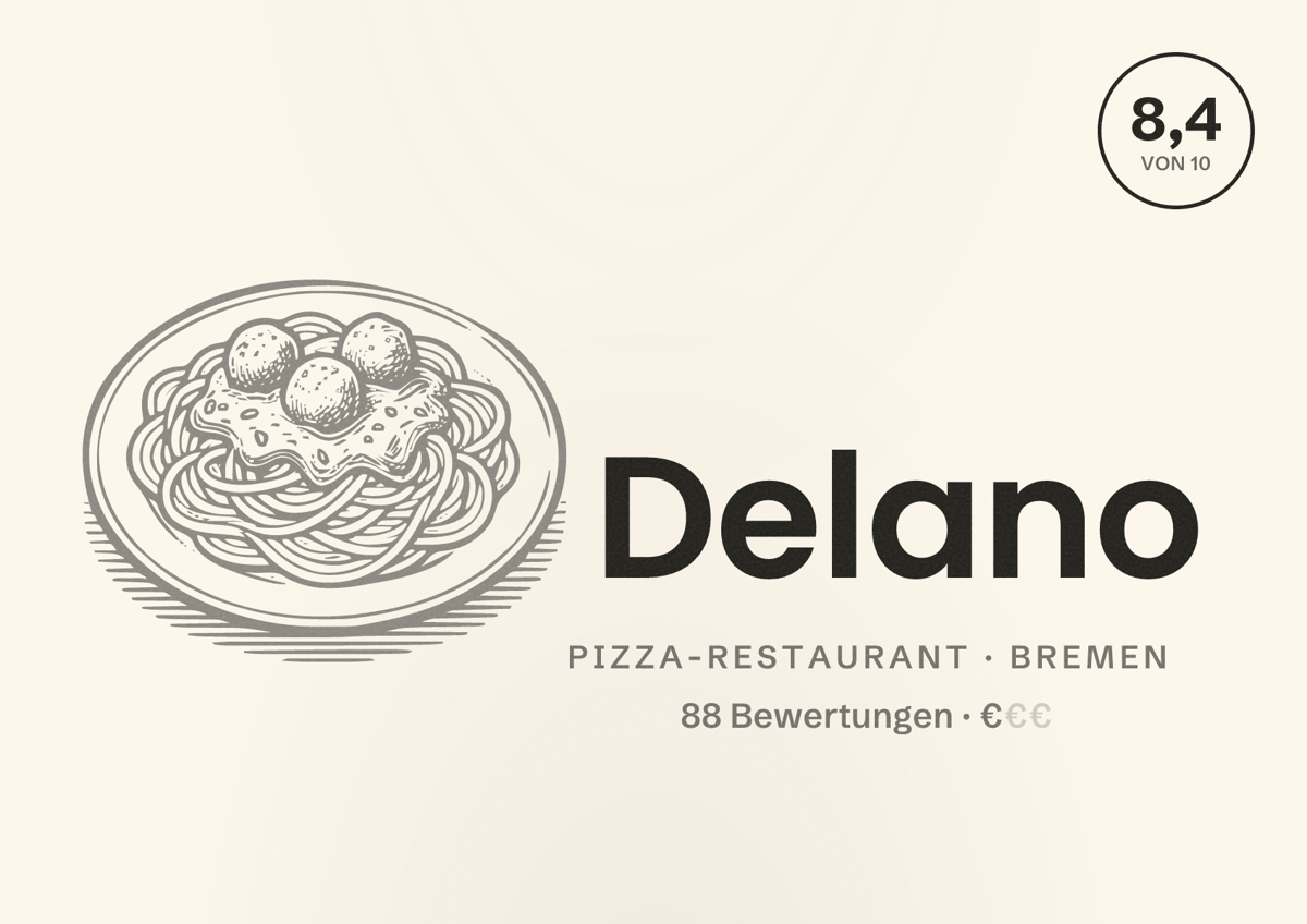 Illustriertes Poster von Delano, Pizza-Restaurant in Bremen: Bewertung 8,4 von 10 aus 88 Bewertungen, Preisniveau €