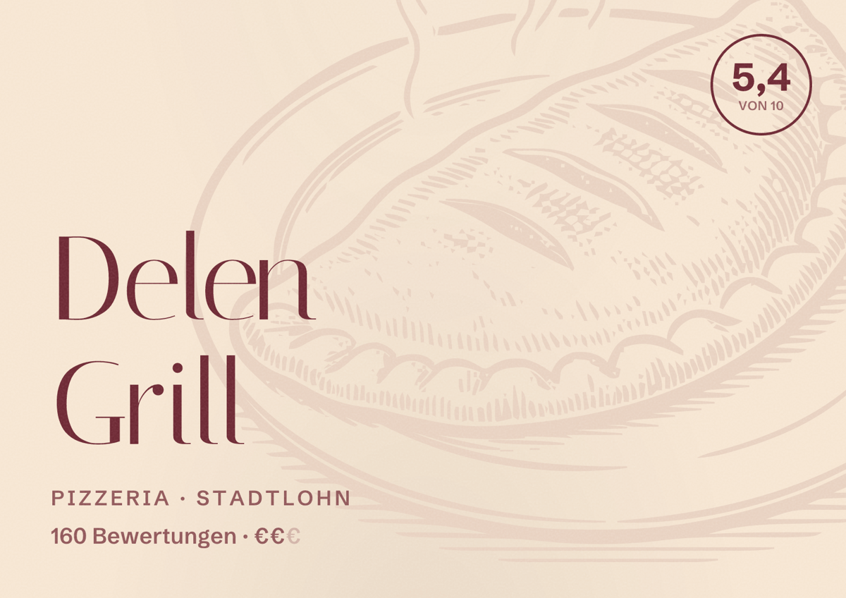 Illustriertes Poster von Delen Grill, Pizzeria in Stadtlohn: Bewertung 5,4 von 10 aus 160 Bewertungen, Preisniveau €€