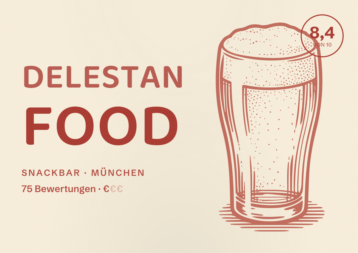 Illustriertes Poster von Delestan Food, Snackbar in München: Bewertung 8,4 von 10 aus 75 Bewertungen, Preisniveau €