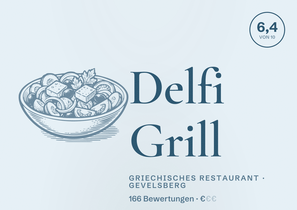 Illustriertes Poster von Delfi Grill, Griechisches Restaurant in Gevelsberg: Bewertung 6,4 von 10 aus 166 Bewertungen, Preisniveau €
