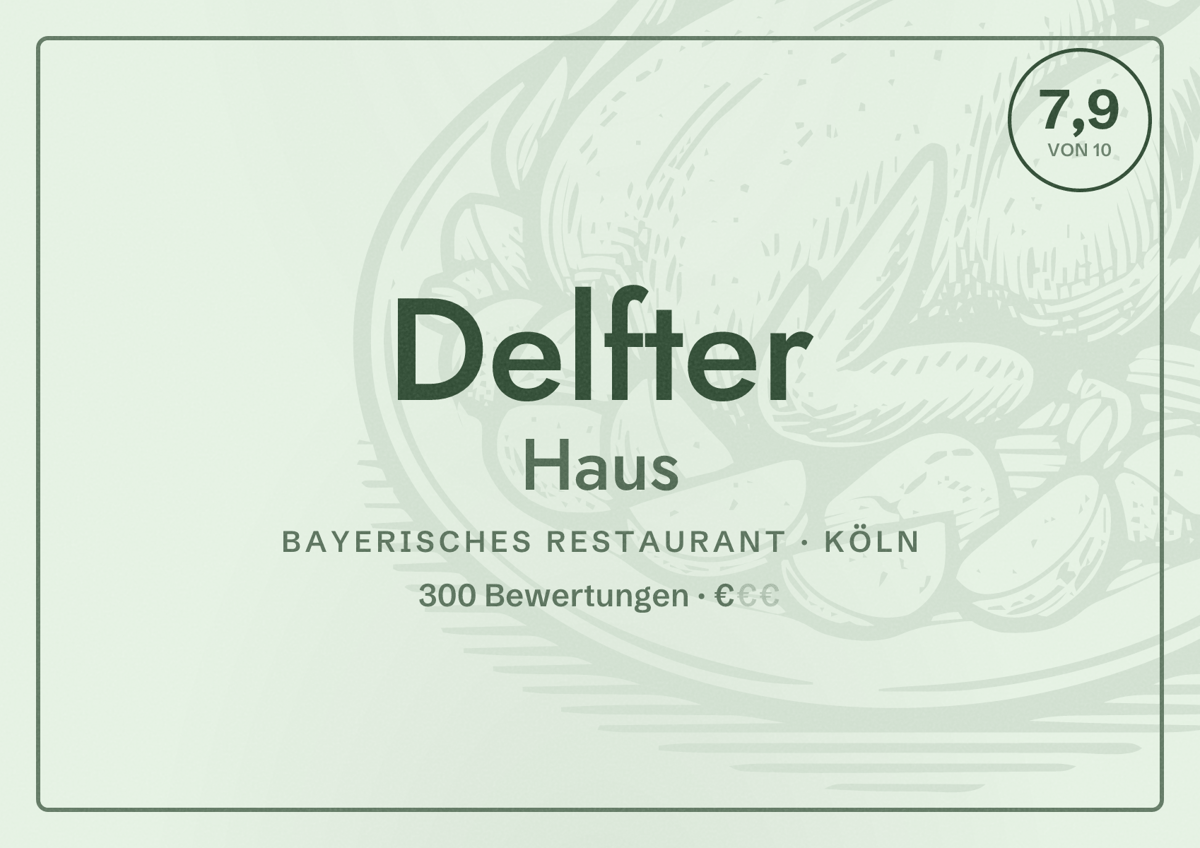 Illustriertes Poster von Delfter Haus, Bayerisches Restaurant in Köln: Bewertung 7,9 von 10 aus 300 Bewertungen, Preisniveau €