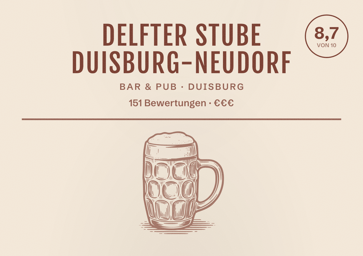 Illustriertes Poster von Delfter Stube Duisburg-Neudorf, Bar & Pub in Duisburg: Bewertung 8,7 von 10 aus 151 Bewertungen, Preisniveau €€€