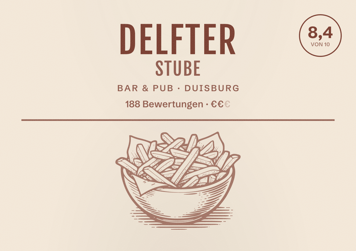 Illustriertes Poster von Delfter Stube, Bar & Pub in Duisburg: Bewertung 8,4 von 10 aus 188 Bewertungen, Preisniveau €€