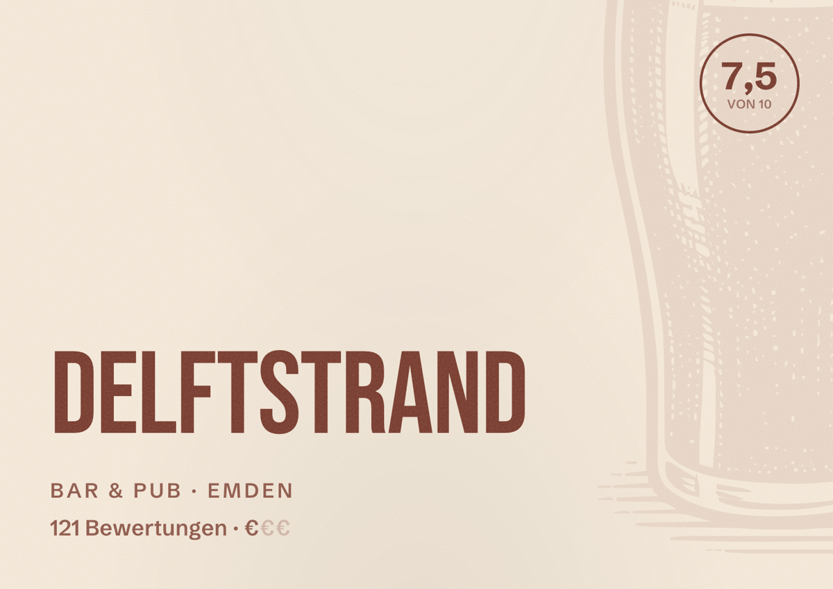 Illustriertes Poster von Delftstrand, Bar & Pub in Emden: Bewertung 7,5 von 10 aus 121 Bewertungen, Preisniveau €