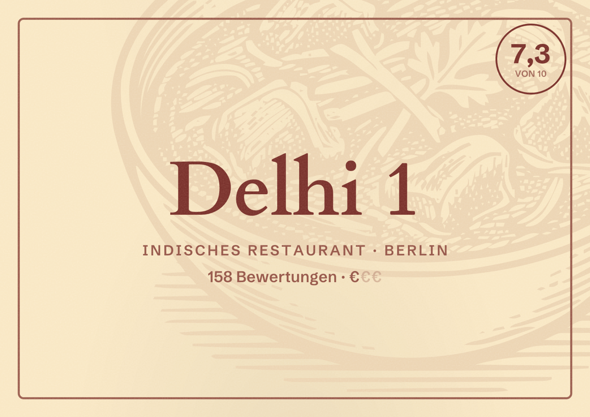 Illustriertes Poster von Delhi 1, Indisches Restaurant in Berlin: Bewertung 7,3 von 10 aus 158 Bewertungen, Preisniveau €