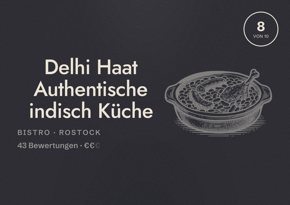 Illustriertes Poster von Delhi Haat Authentische indisch Küche, Bistro in Rostock: Bewertung 8 von 10 aus 43 Bewertungen, Preisniveau €€