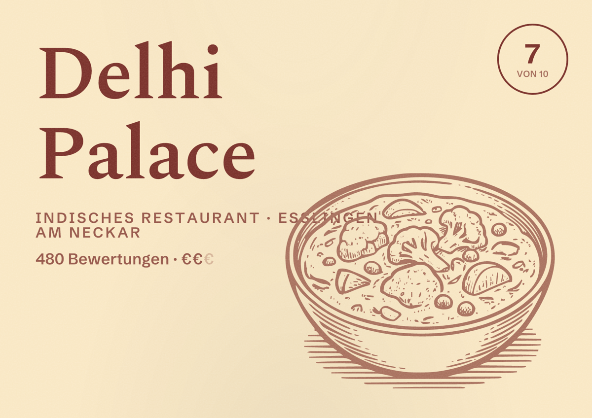 Illustriertes Poster von Delhi Palace, Indisches Restaurant in Esslingen am Neckar: Bewertung 7 von 10 aus 480 Bewertungen, Preisniveau €€