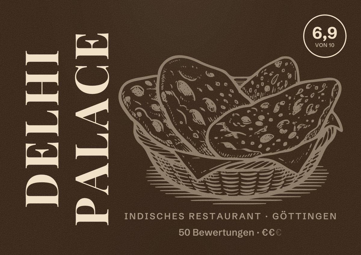 Illustriertes Poster von Delhi Palace, Indisches Restaurant in Göttingen: Bewertung 6,9 von 10 aus 50 Bewertungen, Preisniveau €€