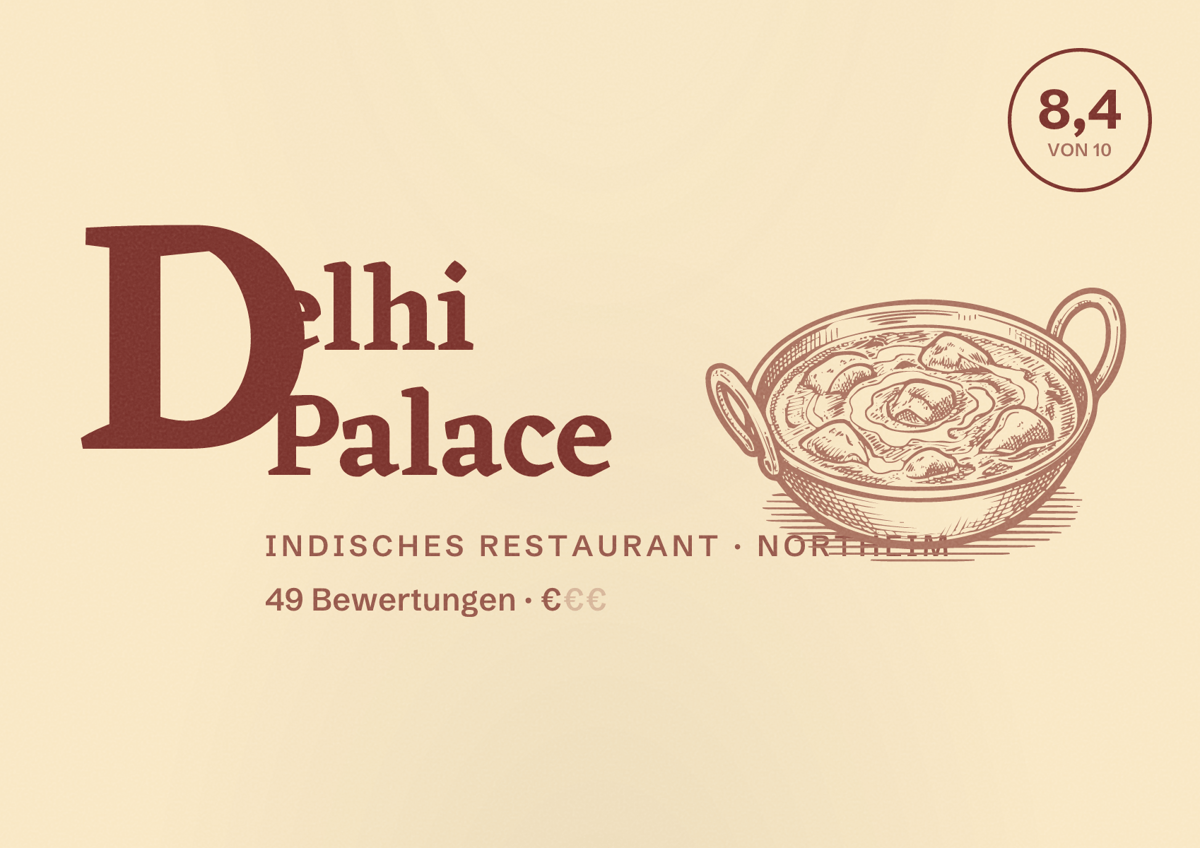 Illustriertes Poster von Delhi Palace, Indisches Restaurant in Northeim: Bewertung 8,4 von 10 aus 49 Bewertungen, Preisniveau €