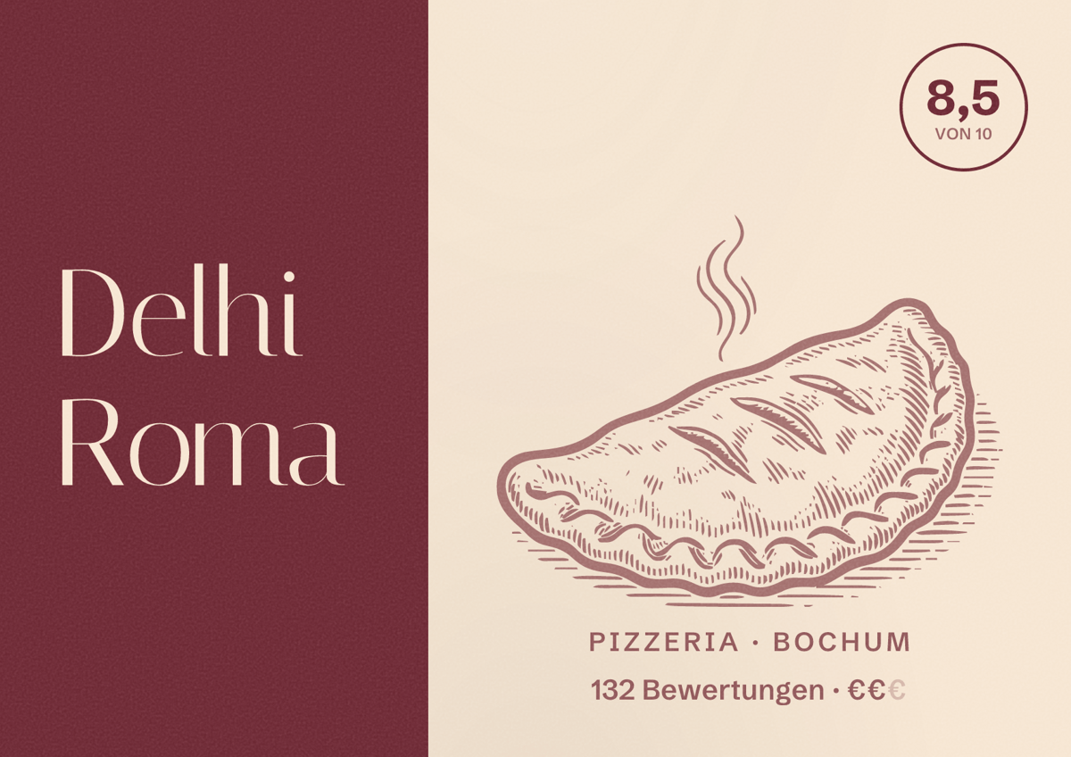 Illustriertes Poster von Delhi Roma, Pizzeria in Bochum: Bewertung 8,5 von 10 aus 132 Bewertungen, Preisniveau €€
