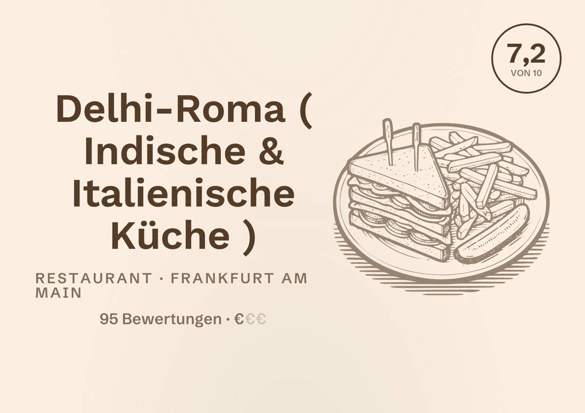 Illustriertes Poster von Delhi-Roma ( Indische & Italienische Küche ), Restaurant in Frankfurt am Main: Bewertung 7,2 von 10 aus 95 Bewertungen, Preisniveau €