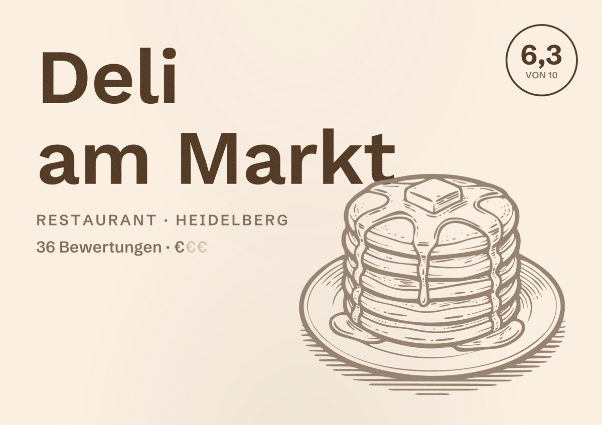 Illustriertes Poster von Deli am Markt, Restaurant in Heidelberg: Bewertung 6,3 von 10 aus 36 Bewertungen, Preisniveau €