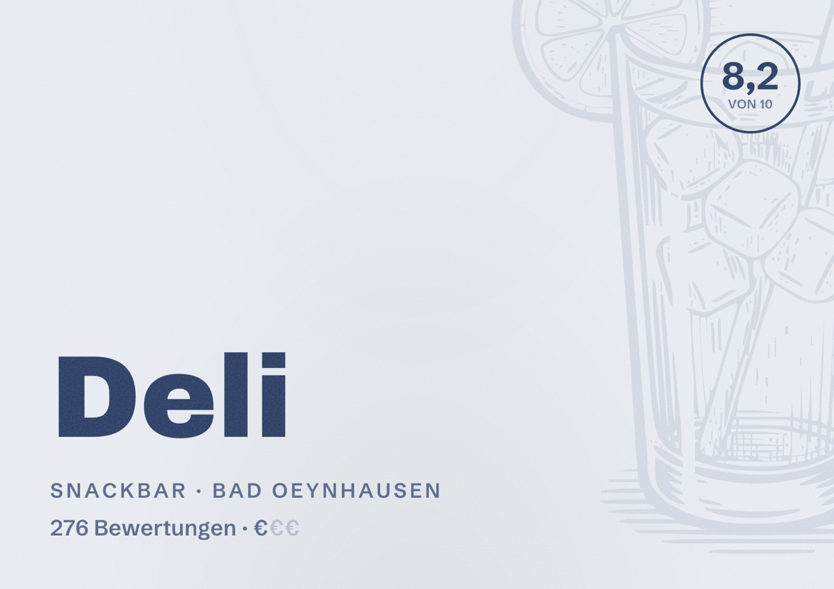 Illustriertes Poster von Deli, Snackbar in Bad Oeynhausen: Bewertung 8,2 von 10 aus 276 Bewertungen, Preisniveau €