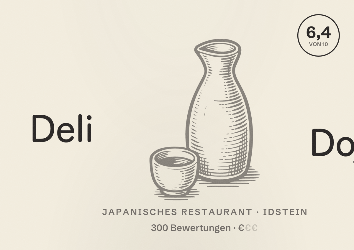 Illustriertes Poster von Deli Dojo, Japanisches Restaurant in Idstein: Bewertung 6,4 von 10 aus 300 Bewertungen, Preisniveau €