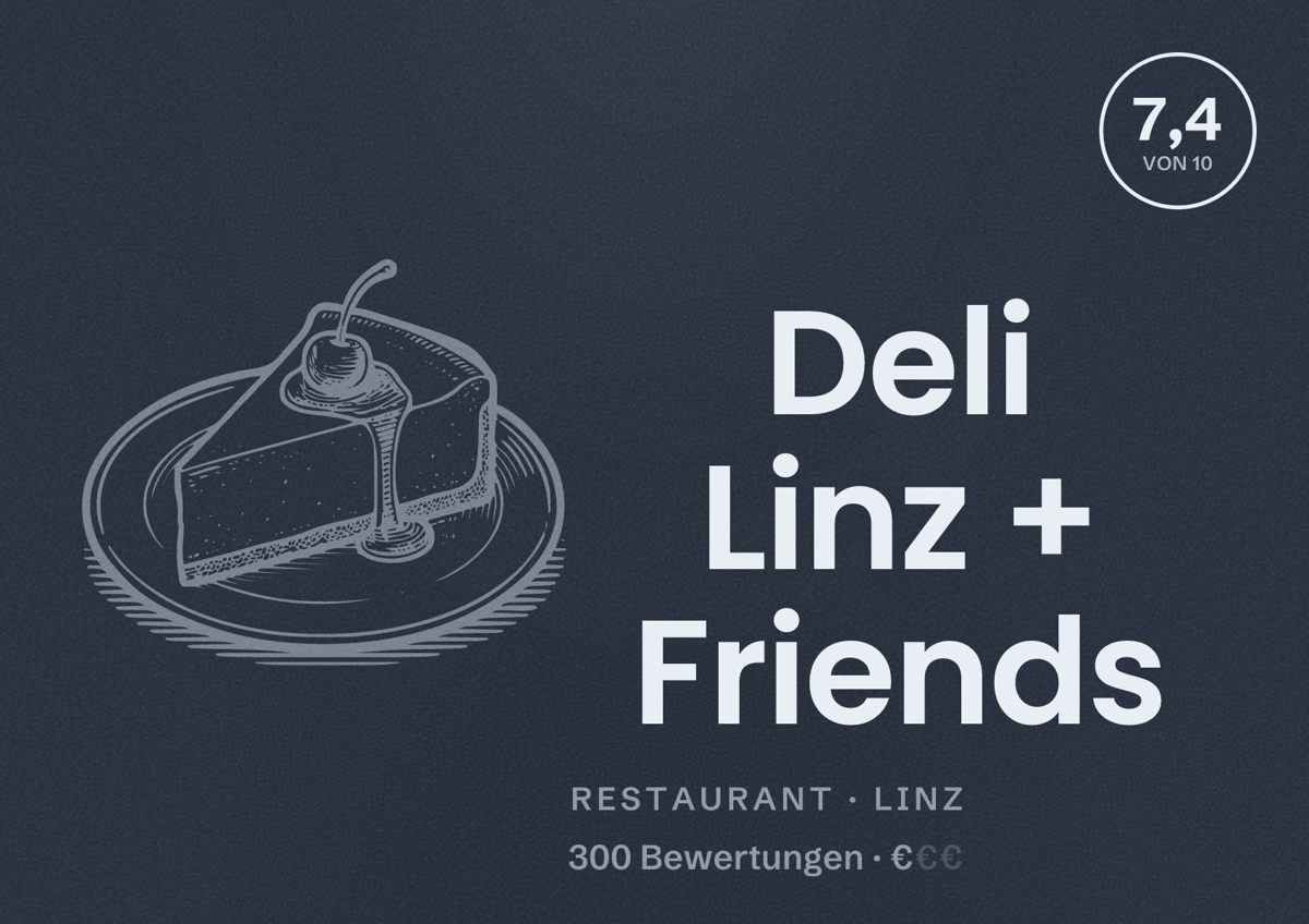 Illustriertes Poster von Deli Linz + Friends, Restaurant in Linz: Bewertung 7,4 von 10 aus 300 Bewertungen, Preisniveau €